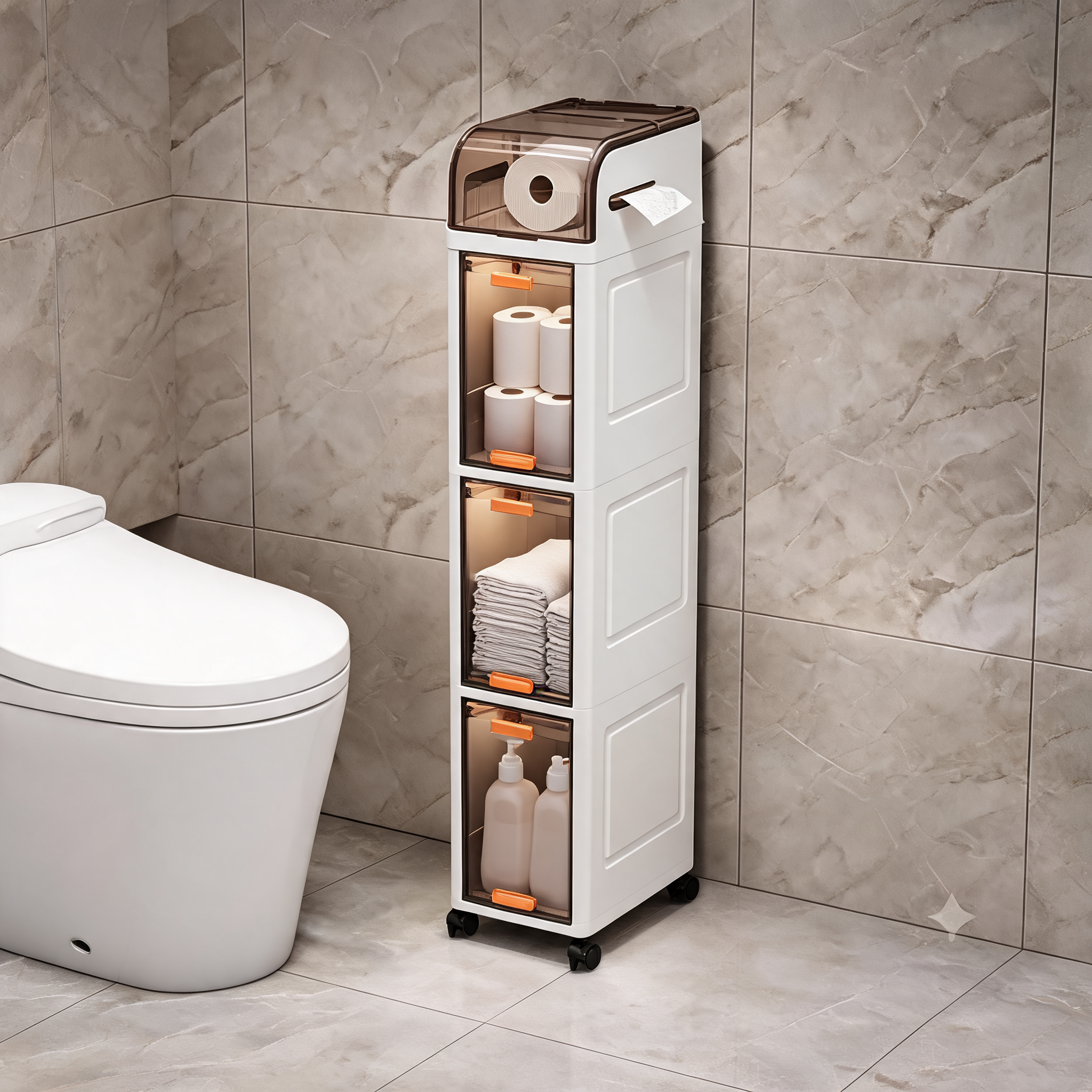 Narrow storage cabinet in the gap beside a toilet holding toilet rolls and towels